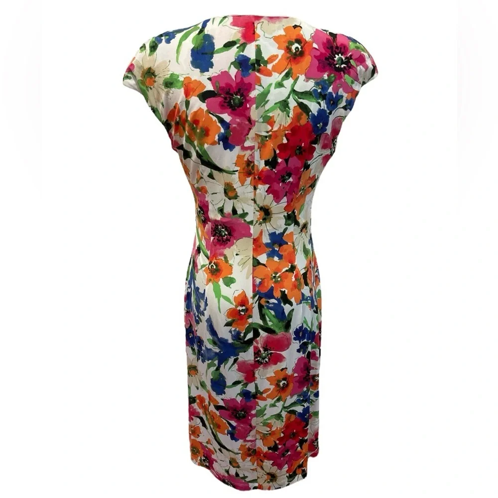 90s AMERICAN LIVING MULTI-COLOR FLORAL BODYCON W SIDE RUFFLE MIDI DRESS SZ 8 - Picture 5 of 8